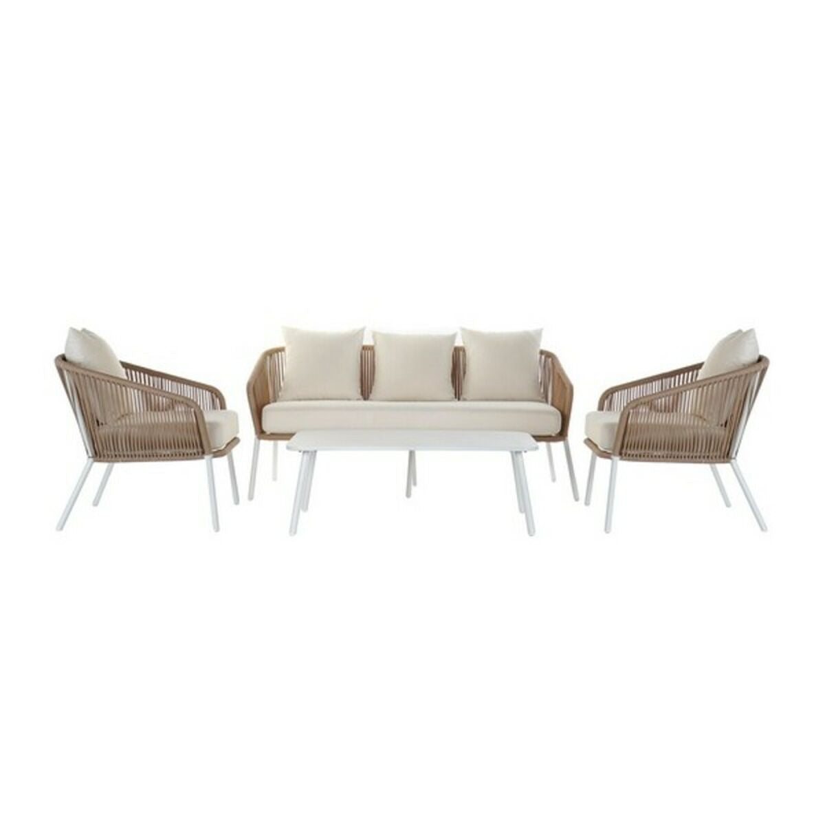 Soffgrupp med bord DKD Home Decor MB-179038 Trädgård Beige Metall Aluminium Snöre 151,5 x 72 x 70 cm (4 pcs) finns hos Nordekko