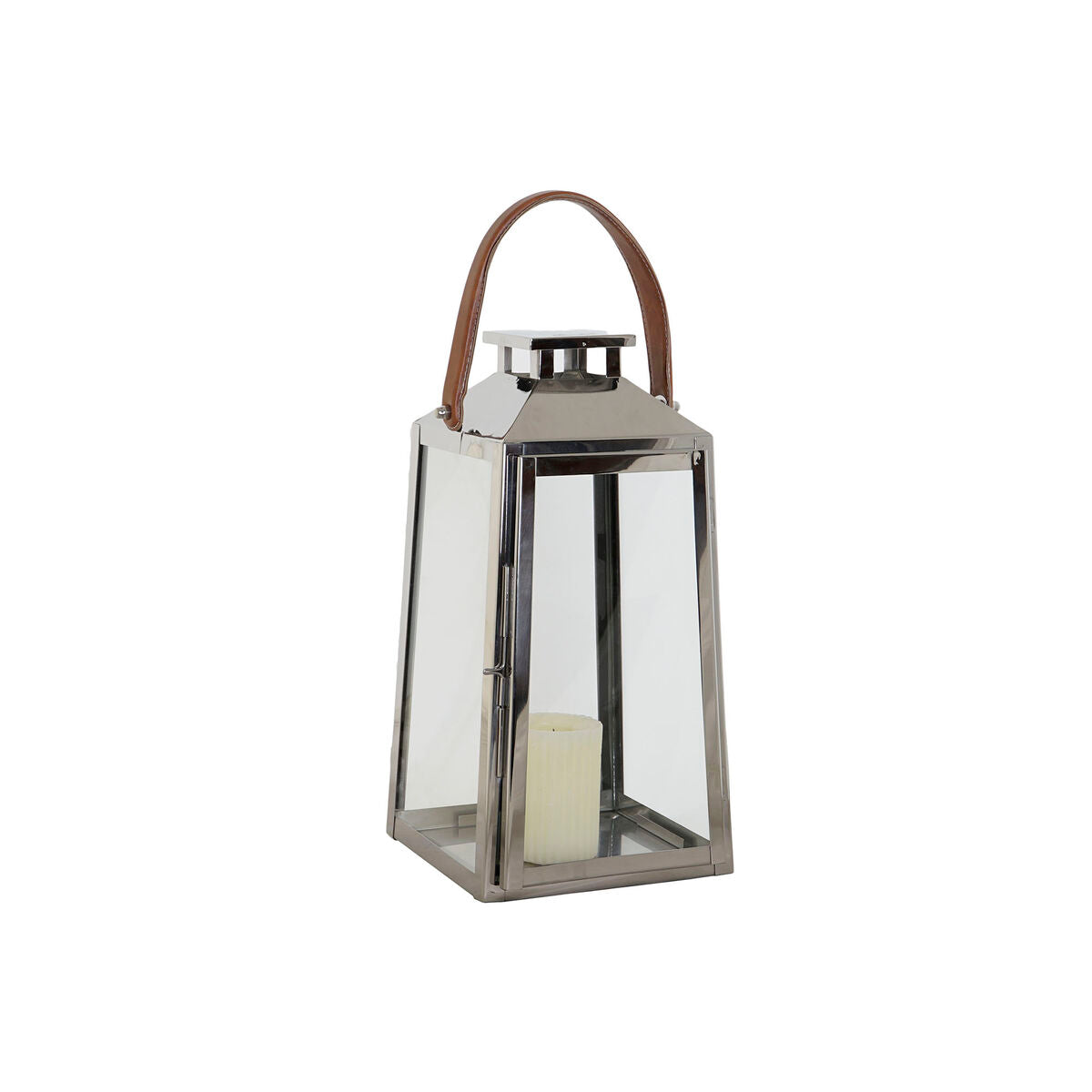 Lykta DKD Home Decor Brun Silvrig Läder Glas Stål Kromad 20 x 20 x 40 cm finns hos Nordekko