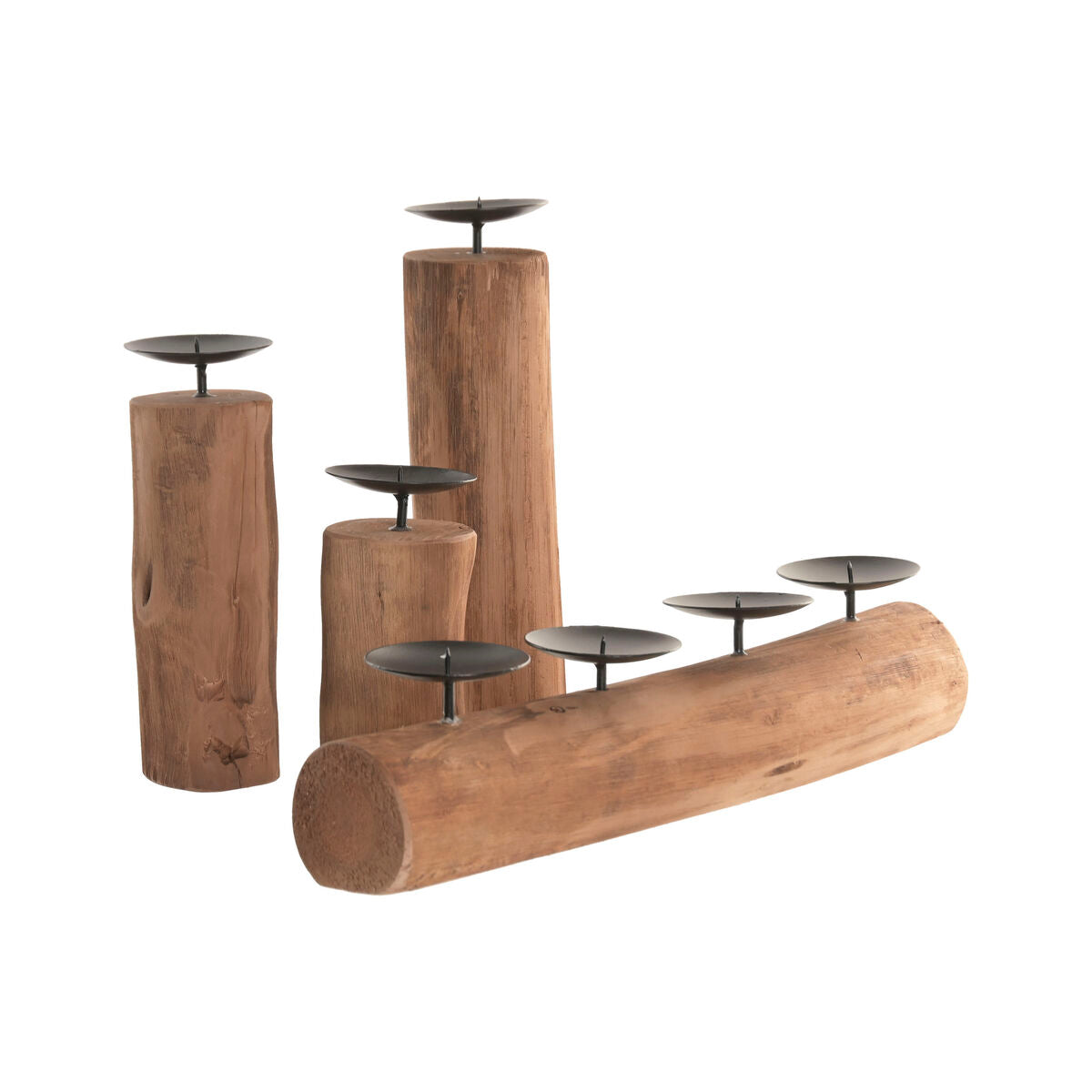 Set med ljusstakar Home ESPRIT Brun Svart Naturell Järn teakträ 8 x 8 x 30 cm (3 antal) finns hos Nordekko