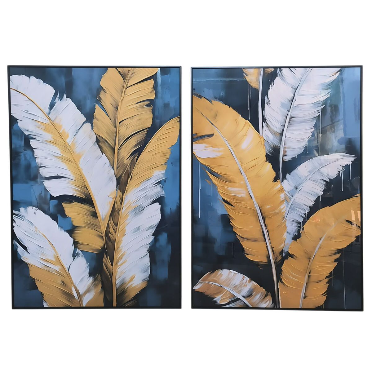 Tavla Home ESPRIT Blå Gyllene Fjädrar Modern 70 x 3,5 x 100 cm (2 antal) finns hos Nordekko