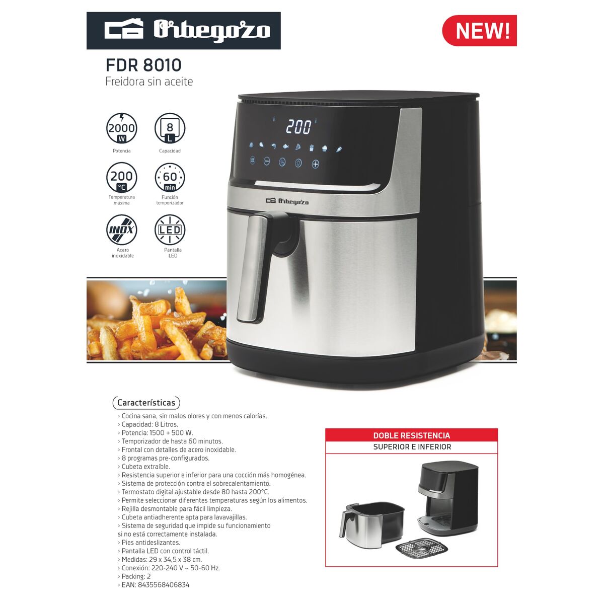 Luftfritös Orbegozo FDR 8010 Svart 1500 W 8 L finns hos Nordekko