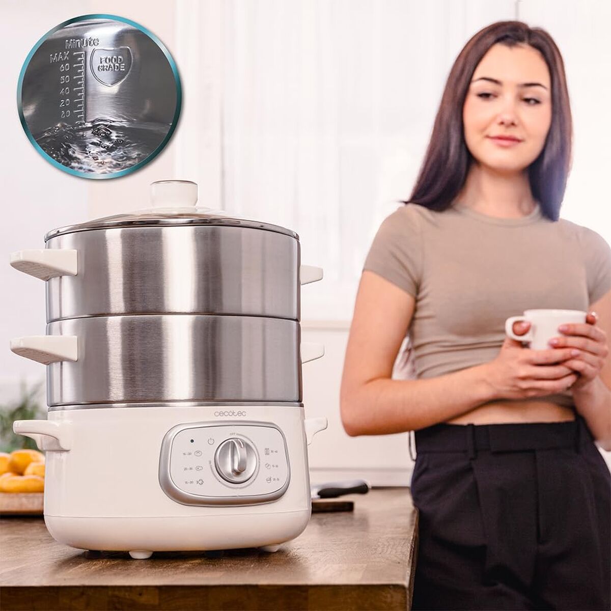 Ångkokare Cecotec SteelPot 1300 W 1550 W Vit Grå Rostfritt stål finns hos Nordekko