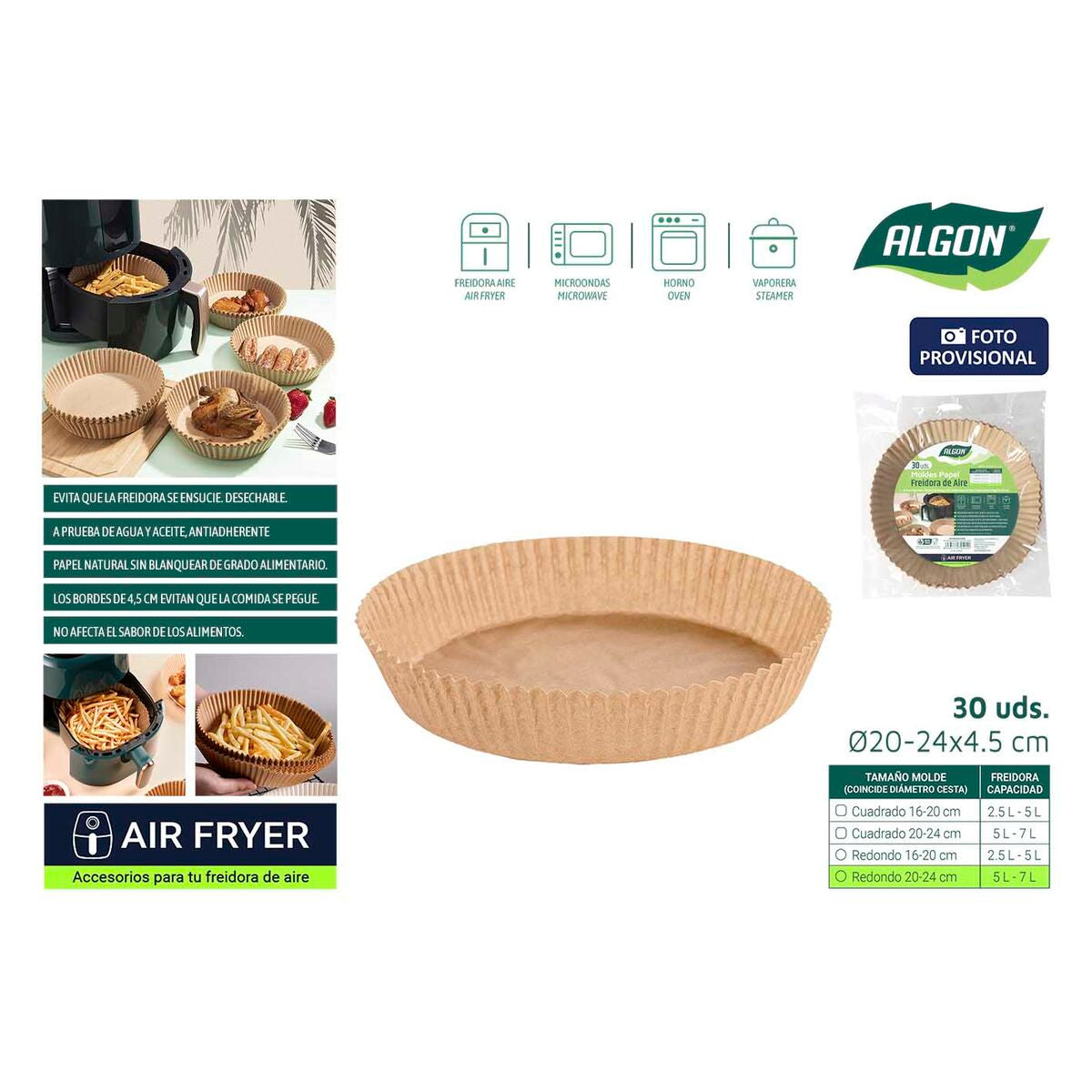 Papper för luftfritös Algon Ø 20 cm Brun 30 Delar (24 antal) finns hos Nordekko